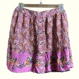 Angie girls large pink floral print skirt back elastic waist button accent NWT